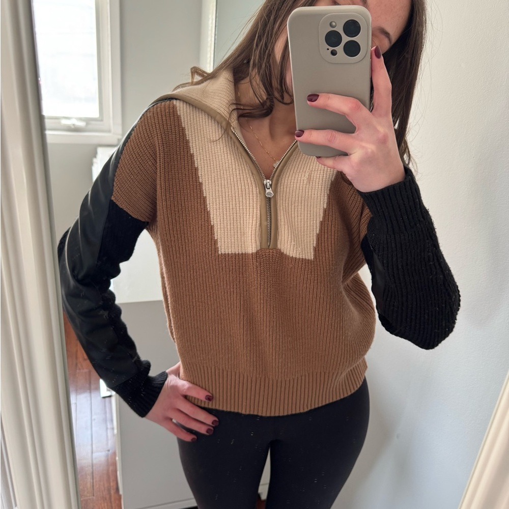 Central Park West Cream and Brown Crew Neck Sweater